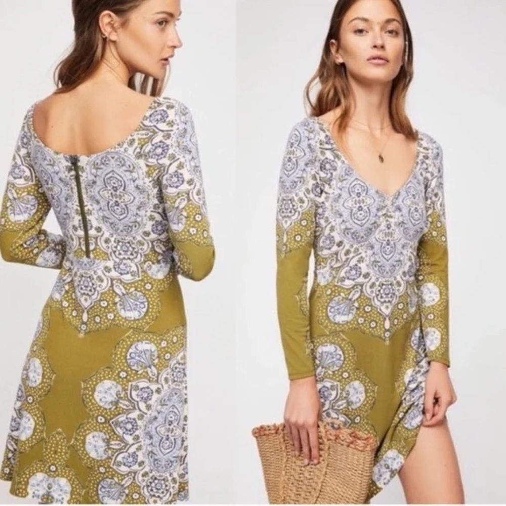 Free People Gabby Mini Dress Long Sleeve V-neck Paisley Print Green